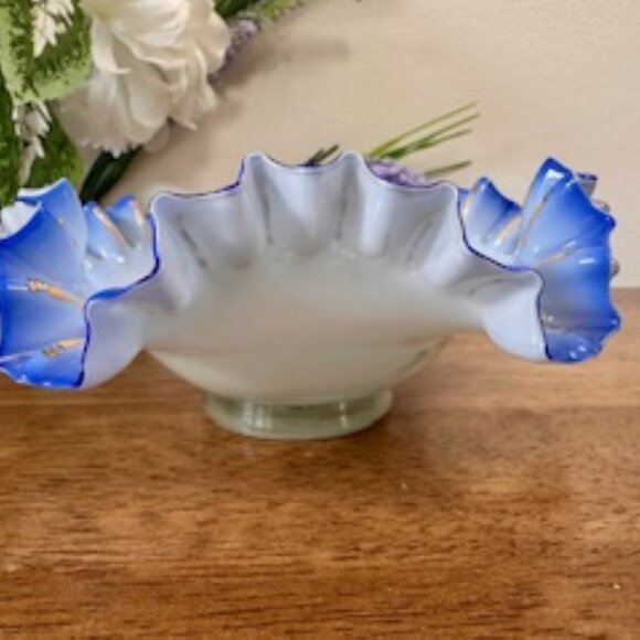 Victorian Style Ruffle Milk Glass Bowl Hand Painted Floral Blue Edge Brides Bowl - Picture 4 of 5